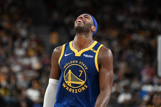 Oct 15, 2024; Las Vegas, Nevada, USA; Golden State Warriors guard Buddy Hield (7) reacts to a play against the Los Angeles Lakers in the fourth quarter during a preseason game at T-Mobile Arena. Mandatory Credit: Candice Ward-Imagn Images