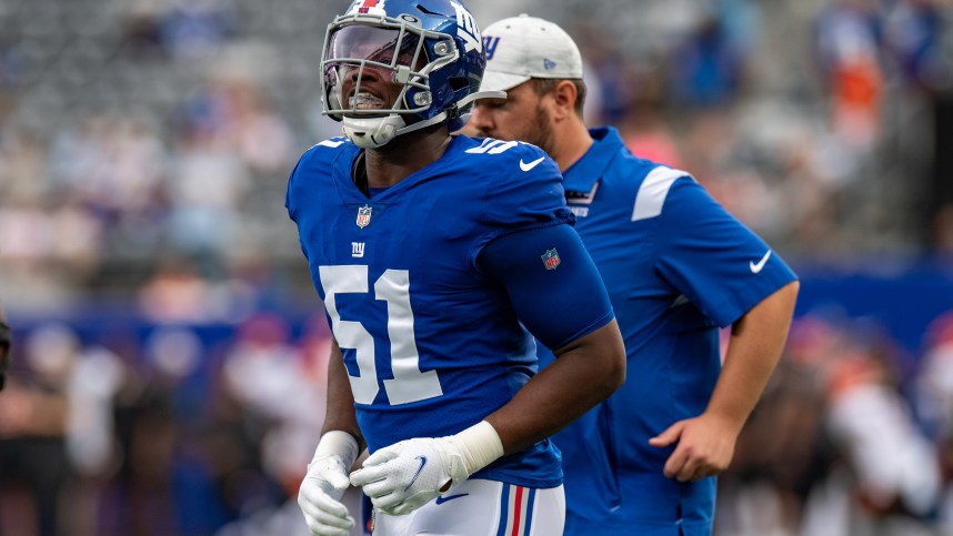 Aug 21, 2022; East Rutherford, New Jersey, USA; New York Giants linebacker Azeez Ojulari (51) warms up prior to the preseason game against the Cincinnati Bengals at MetLife Stadium. Mandatory Credit: John Jones-Imagn Images