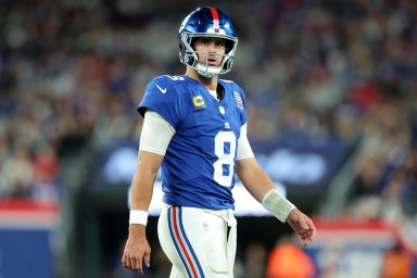 Oct 13, 2024; East Rutherford, New Jersey, USA; New York Giants quarterback Daniel Jones (8) reacts during the third quarter against the Cincinnati Bengals at MetLife Stadium. Mandatory Credit: Brad Penner-Imagn Images