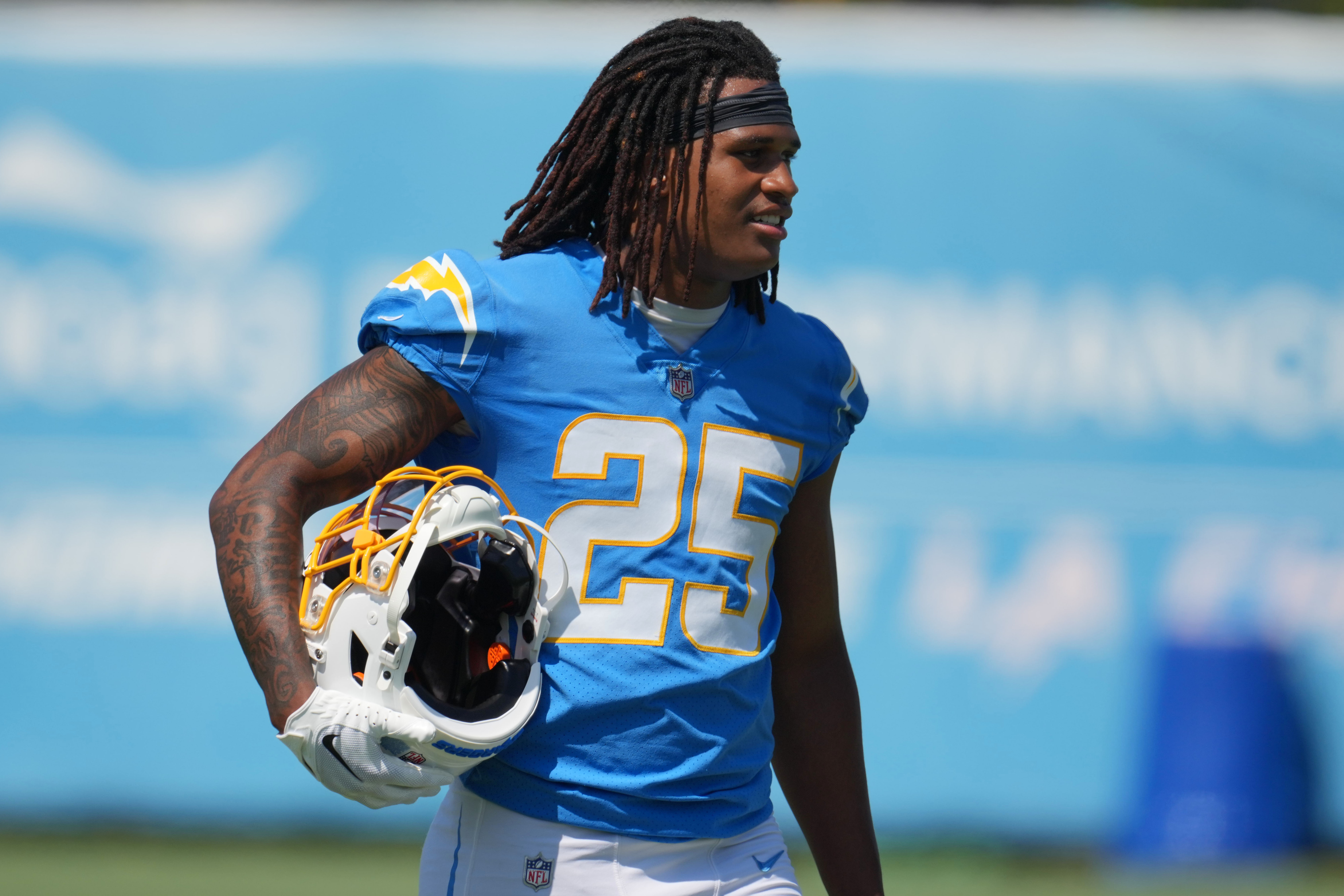 Jun 13, 2024; Costa Mesa, CA, USA; Los Angeles Chargers linebacker Junior Colson (25) during minicamp at the Hoag Performance Center. Mandatory Credit: Kirby Lee-Imagn Images