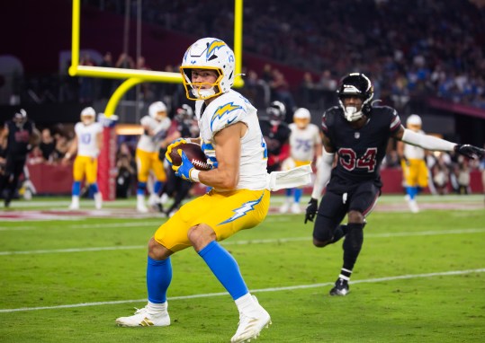 Oct 21, 2024; Glendale, Arizona, USA; Los Angeles Chargers wide receiver Ladd McConkey (15) against the Arizona Cardinals at State Farm Stadium. Mandatory Credit: Mark J. Rebilas-Imagn Images