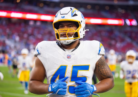 Oct 21, 2024; Glendale, Arizona, USA; Los Angeles Chargers linebacker Tuli Tuipulotu (45) against the Arizona Cardinals at State Farm Stadium. Mandatory Credit: Mark J. Rebilas-Imagn Images