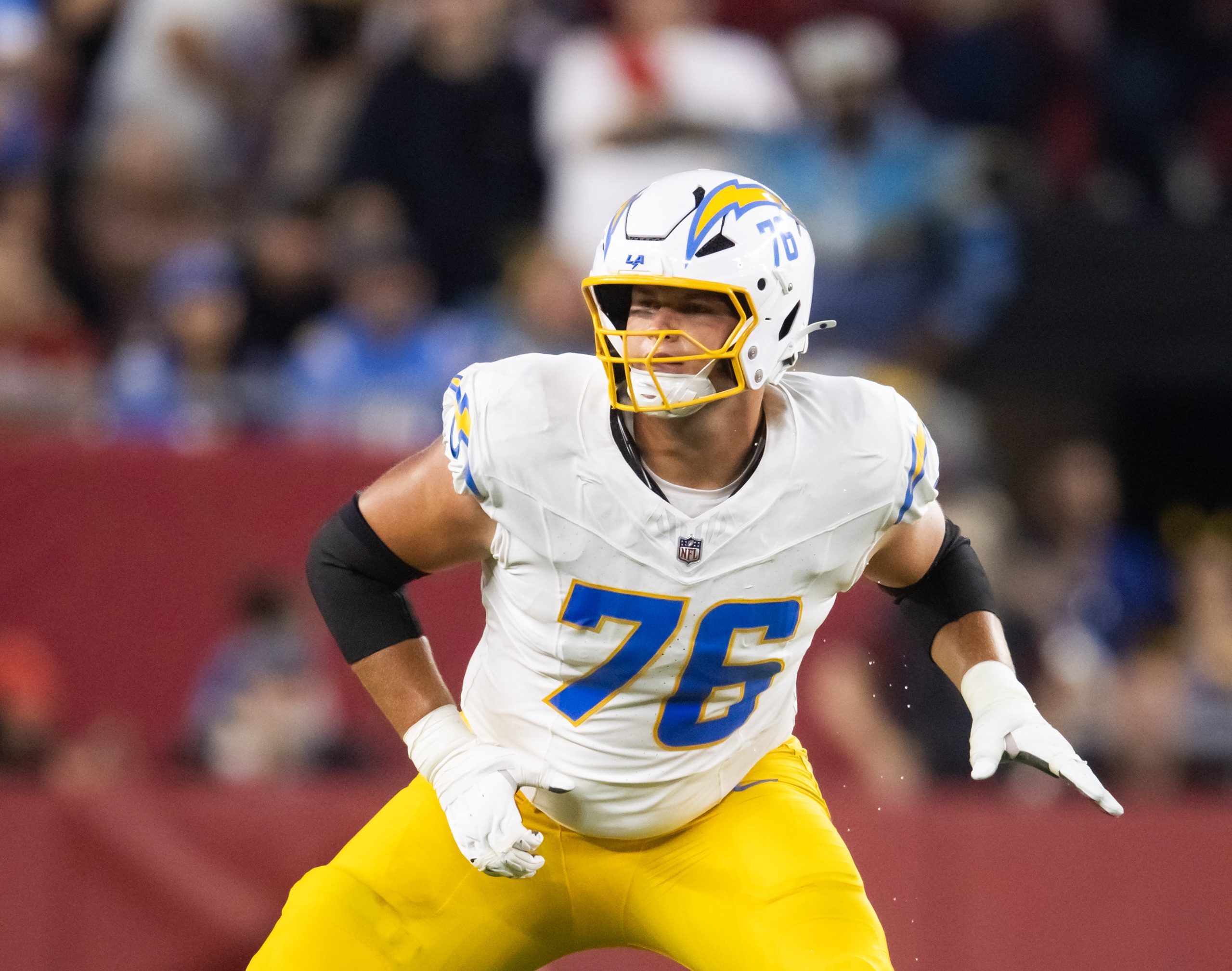 Oct 21, 2024; Glendale, Arizona, USA; Los Angeles Chargers offensive tackle Joe Alt (76) against the Arizona Cardinals at State Farm Stadium. Mandatory Credit: Mark J. Rebilas-Imagn Images