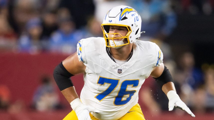 Oct 21, 2024; Glendale, Arizona, USA; Los Angeles Chargers offensive tackle Joe Alt (76) against the Arizona Cardinals at State Farm Stadium. Mandatory Credit: Mark J. Rebilas-Imagn Images