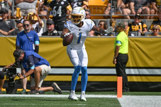 Sep 22, 2024; Pittsburgh, Pennsylvania, USA; Los Angeles Chargers wide receiver Quentin Johnston (1) celebrates a touchdown against the Pittsburgh Steelers during the first quarter at Acrisure Stadium. Mandatory Credit: Barry Reeger-Imagn Images