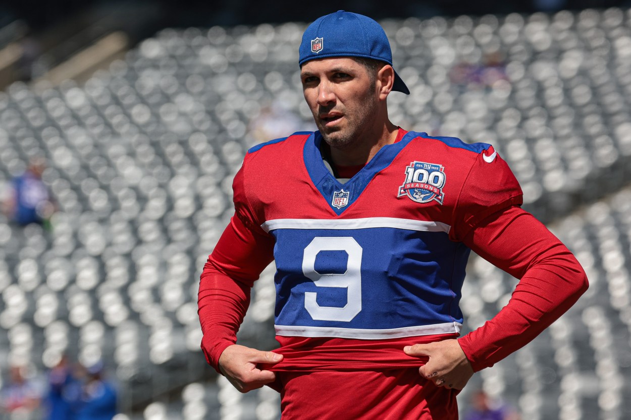 Sep 8, 2024; East Rutherford, New Jersey, USA; New York Giants place kicker Graham Gano (9) on the field before the game against the Minnesota Vikings at MetLife Stadium. Mandatory Credit: Vincent Carchietta-Imagn Images