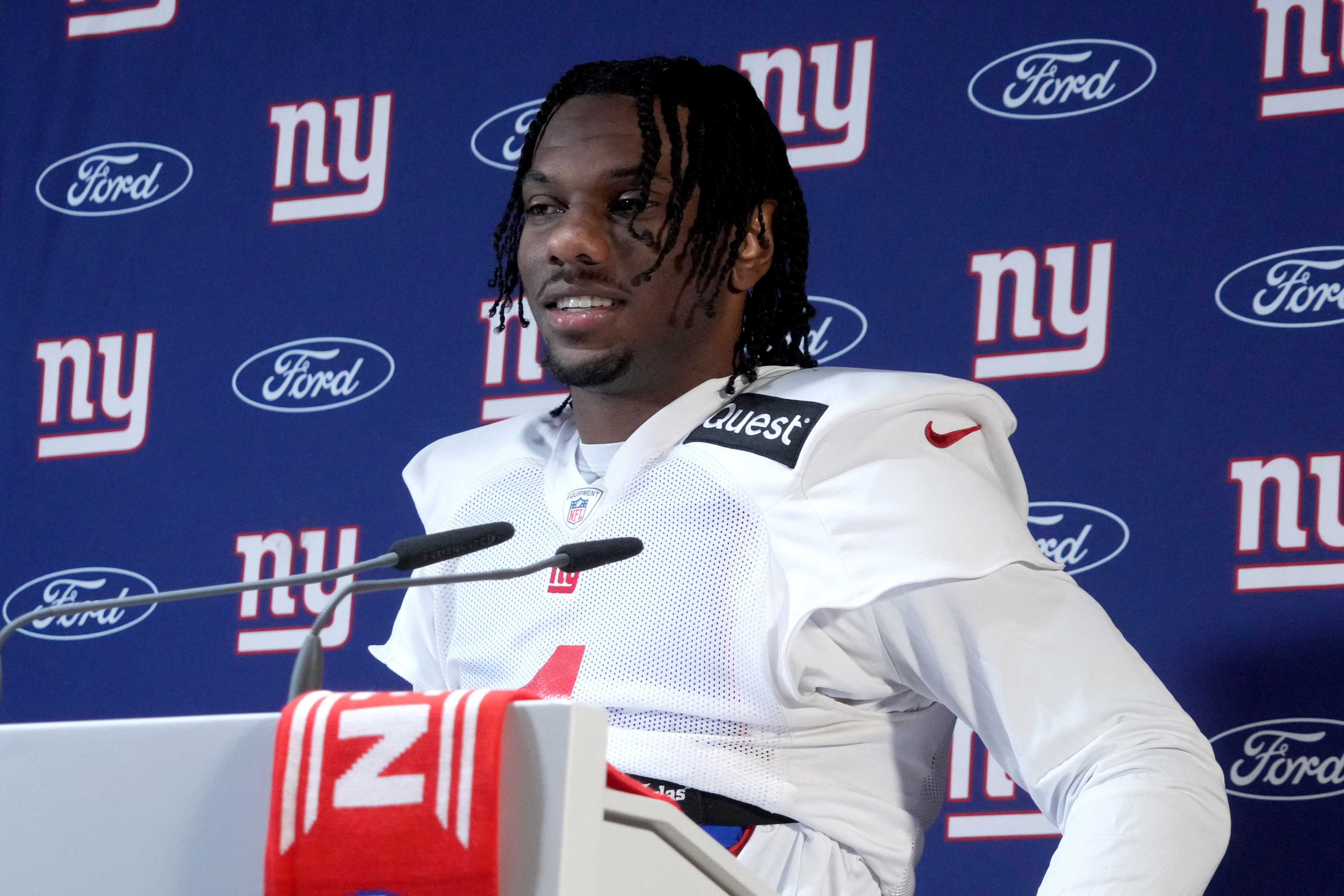 Nov 8, 2024; Munich, Germany; New York Giants wide receiver Malik Nabers (1) during press conference at the FC Bayern Munchen training grounds at Sabener Strasse.  Mandatory Credit: Kirby Lee-Imagn Images