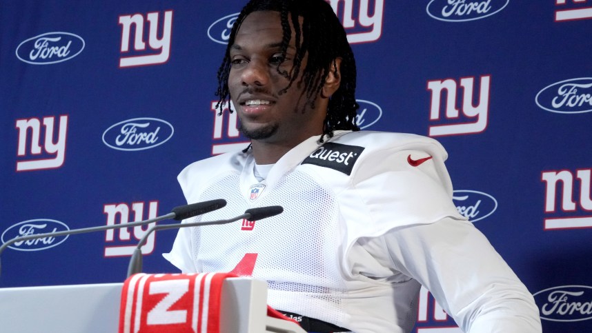 Nov 8, 2024; Munich, Germany; New York Giants wide receiver Malik Nabers (1) during press conference at the FC Bayern Munchen training grounds at Sabener Strasse.  Mandatory Credit: Kirby Lee-Imagn Images