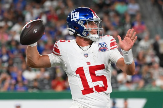 Aug 24, 2024; East Rutherford, New Jersey, USA; New York Giants quarterback Tommy DeVito (15) passes the ball against the New York Jets during the second half at MetLife Stadium. Mandatory Credit: Rich Barnes-Imagn Images