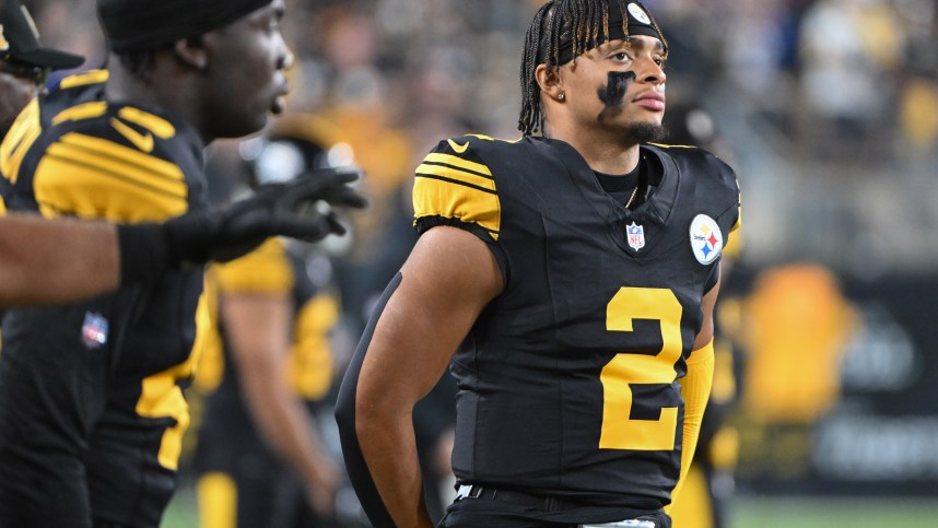 Oct 28, 2024; Pittsburgh, Pennsylvania, USA; Pittsburgh Steelers quarterback Justin Fields (2) watches the action during the first quarter of a game against the New York Giants at Acrisure Stadium. Mandatory Credit: Barry Reeger-Imagn Images