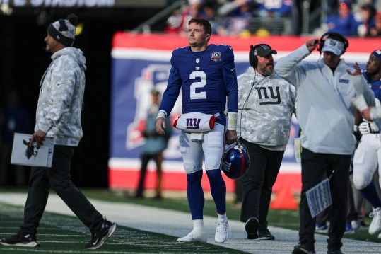 Nov 24, 2024; East Rutherford, New Jersey, USA; New York Giants quarterback Drew Lock (2) looks on from the sidelines during the first half against the Tampa Bay Buccaneers at MetLife Stadium. Mandatory Credit: Vincent Carchietta-Imagn Images