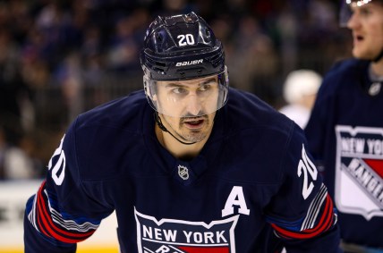 Nov 3, 2024; New York, New York, USA; New York Rangers left wing Chris Kreider (20) skates against the New York Islanders during the third period at Madison Square Garden. Mandatory Credit: Danny Wild-Imagn Images