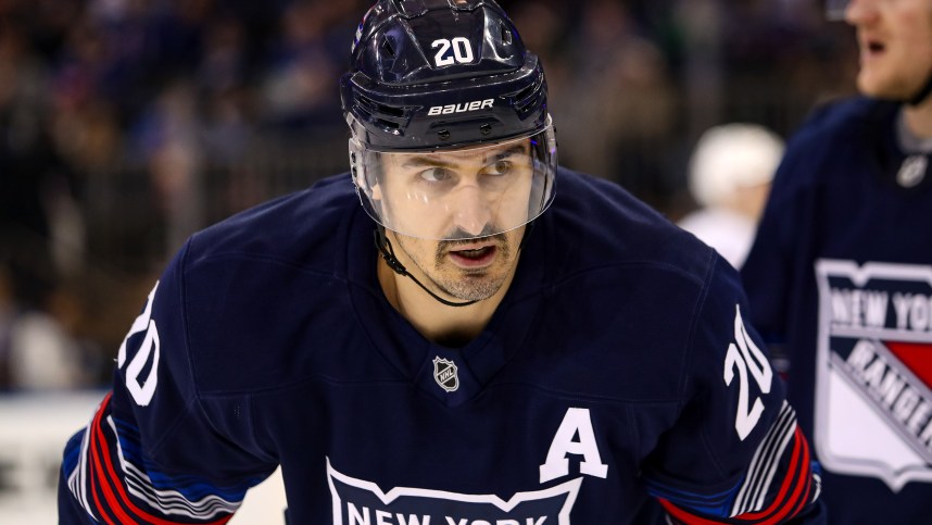 Nov 3, 2024; New York, New York, USA; New York Rangers left wing Chris Kreider (20) skates against the New York Islanders during the third period at Madison Square Garden. Mandatory Credit: Danny Wild-Imagn Images