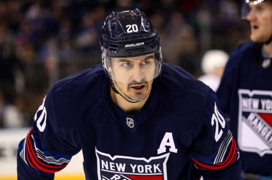 Nov 3, 2024; New York, New York, USA; New York Rangers left wing Chris Kreider (20) skates against the New York Islanders during the third period at Madison Square Garden. Mandatory Credit: Danny Wild-Imagn Images