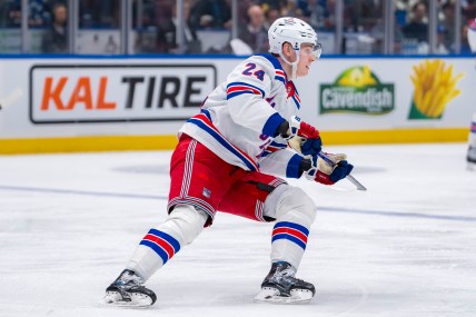 Nov 19, 2024; Vancouver, British Columbia, CAN; New York Rangers forward Kaapo Kakko (24) skates against the Vancouver Canucks during the third period at Rogers Arena. Mandatory Credit: Bob Frid-Imagn Images