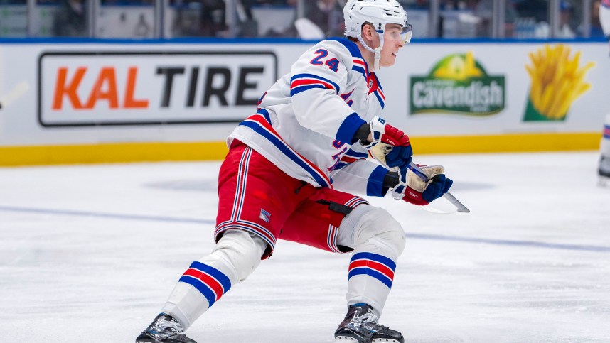 Nov 19, 2024; Vancouver, British Columbia, CAN; New York Rangers forward Kaapo Kakko (24) skates against the Vancouver Canucks during the third period at Rogers Arena. Mandatory Credit: Bob Frid-Imagn Images