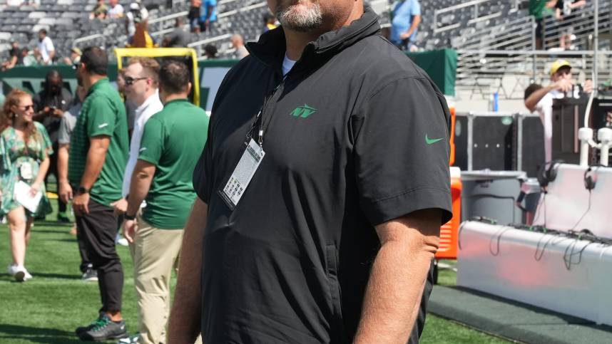 East Rutherford, NJ -- August 10, 2024 -- Jets general manager Joe Douglas during pregame warm-ups as the Washington Commanders came to MetLife Stadium to play the New York Jets in the first preseason game of the 2024 season.