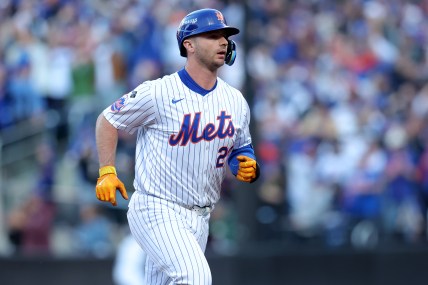 Oct 18, 2024; New York City, New York, USA; New York Mets first baseman Pete Alonso (20) rounds the bases after hitting a three run home run against the Los Angeles Dodgers during the first inning of game five of the NLCS during the 2024 MLB playoffs at Citi Field. Mandatory Credit: Brad Penner-Imagn Images