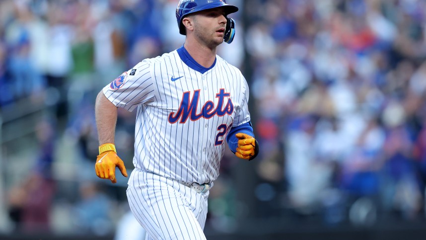 Oct 18, 2024; New York City, New York, USA; New York Mets first baseman Pete Alonso (20) rounds the bases after hitting a three run home run against the Los Angeles Dodgers during the first inning of game five of the NLCS during the 2024 MLB playoffs at Citi Field. Mandatory Credit: Brad Penner-Imagn Images