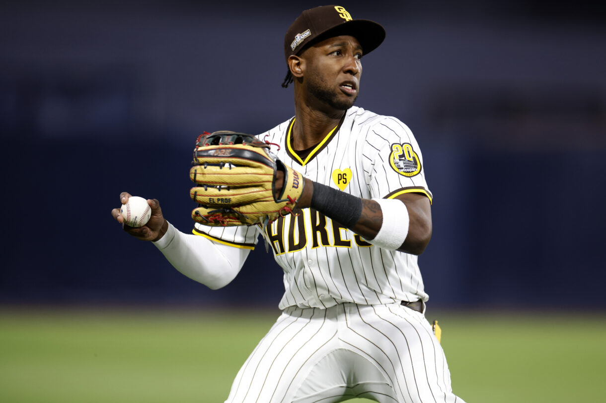 Oct 8, 2024; San Diego, California, USA; San Diego Padres outfielder Jurickson Profar (10) in the second inning against the Los Angeles Dodgers during game three of the NLDS for the 2024 MLB Playoffs at Petco Park. Mandatory Credit: David Frerker-Imagn Images