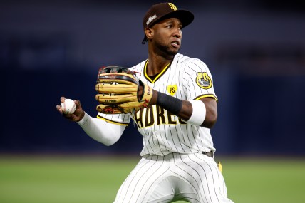 Oct 8, 2024; San Diego, California, USA; San Diego Padres outfielder Jurickson Profar (10) in the second inning against the Los Angeles Dodgers during game three of the NLDS for the 2024 MLB Playoffs at Petco Park. Mandatory Credit: David Frerker-Imagn Images