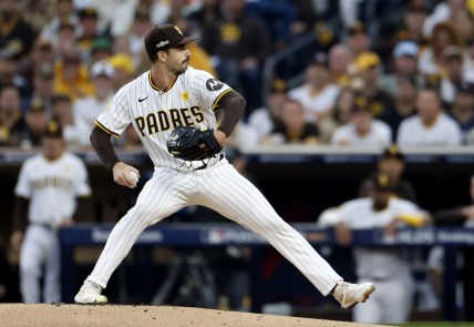 Oct 9, 2024; San Diego, California, USA; San Diego Padres pitcher Dylan Cease (84) throws in the first inning against the Los Angeles Dodgers during game four of the NLDS for the 2024 MLB Playoffs at Petco Park. Mandatory Credit: David Frerker-Imagn Images