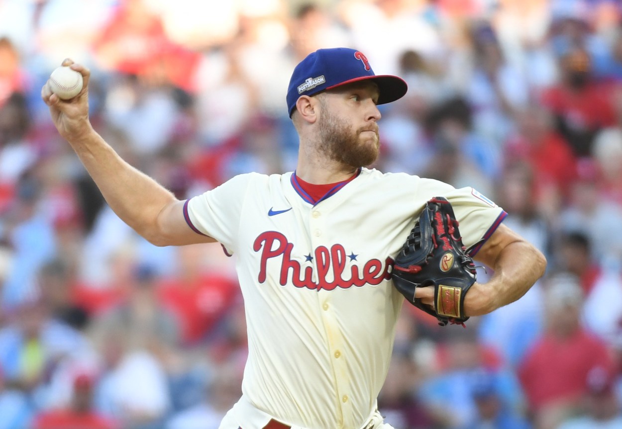 Oct 5, 2024; Philadelphia, PA, USA; Philadelphia Phillies pitcher Zack Wheeler (45) throws a pitch against the New York Mets in the seventh inning in game one of the NLDS for the 2024 MLB Playoffs at Citizens Bank Park. Mandatory Credit: Eric Hartline-Imagn Images