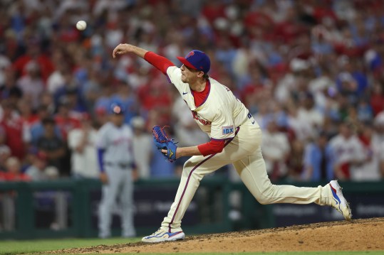 Oct 6, 2024; Philadelphia, Pennsylvania, USA; Philadelphia Phillies relief pitcher Jeff Hoffman (23) pitches in the ninth inning against the New York Mets during game two of the NLDS for the 2024 MLB Playoffs at Citizens Bank Park. Mandatory Credit: Bill Streicher-Imagn Images