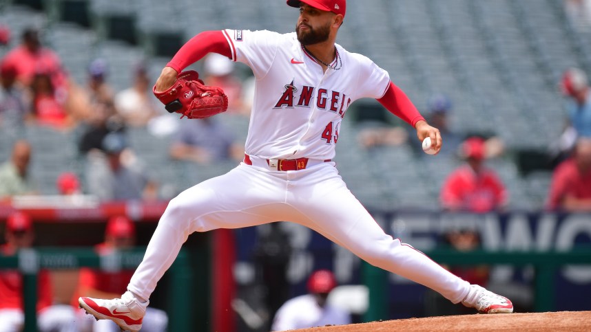 May 1, 2024; Anaheim, California, USA; Los Angeles Angels pitcher Patrick Sandoval (43) throws against the Philadelphia Phillies during the first inning at Angel Stadium. Mandatory Credit: Gary A. Vasquez-Imagn Images