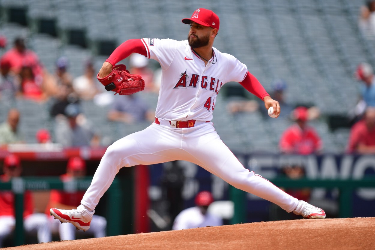 May 1, 2024; Anaheim, California, USA; Los Angeles Angels pitcher Patrick Sandoval (43) throws against the Philadelphia Phillies during the first inning at Angel Stadium. Mandatory Credit: Gary A. Vasquez-Imagn Images