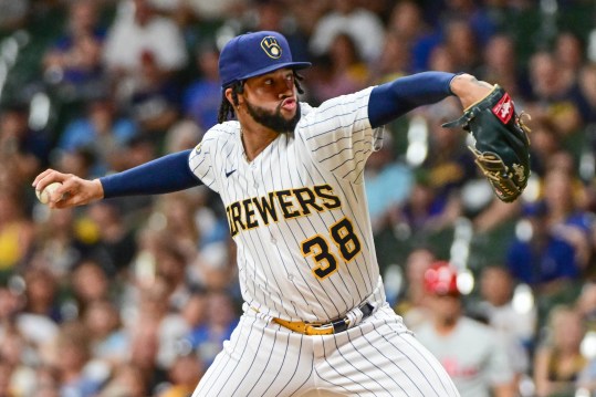 Sep 2, 2023; Milwaukee, Wisconsin, USA; Milwaukee Brewers pitcher Devin Williams (38) pitches against the Philadelphia Phillies in the ninth inning at American Family Field. Mandatory Credit: Benny Sieu-Imagn Images