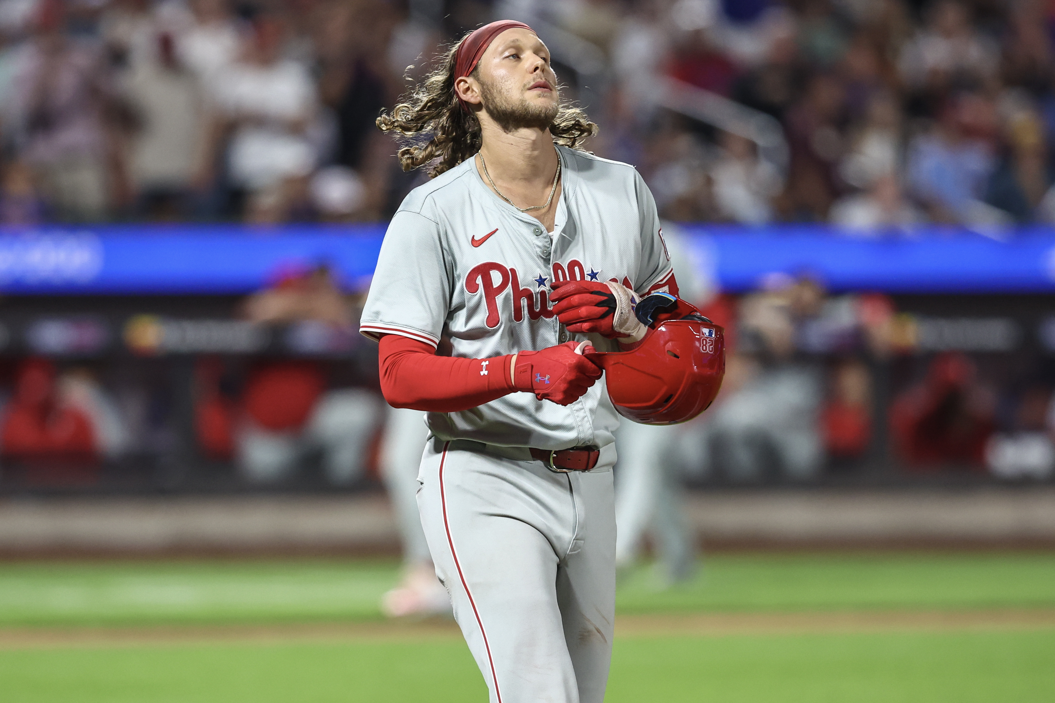 Sep 19, 2024; New York City, New York, USA;  Philadelphia Phillies third baseman Alec Bohm (28) reacts after popping out to end the seventh inning against the New York Mets at Citi Field. Mandatory Credit: Wendell Cruz-Imagn Images