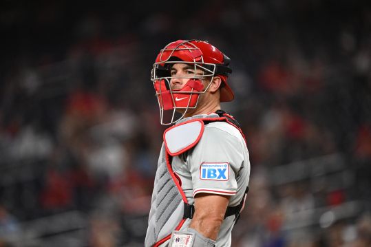 Sep 27, 2024; Washington, District of Columbia, USA;  Philadelphia Phillies catcher J.T. Realmuto (10) looks out to the crowd during the first inning against the Washington Nationals at Nationals Park. Mandatory Credit: James A. Pittman-Imagn Images