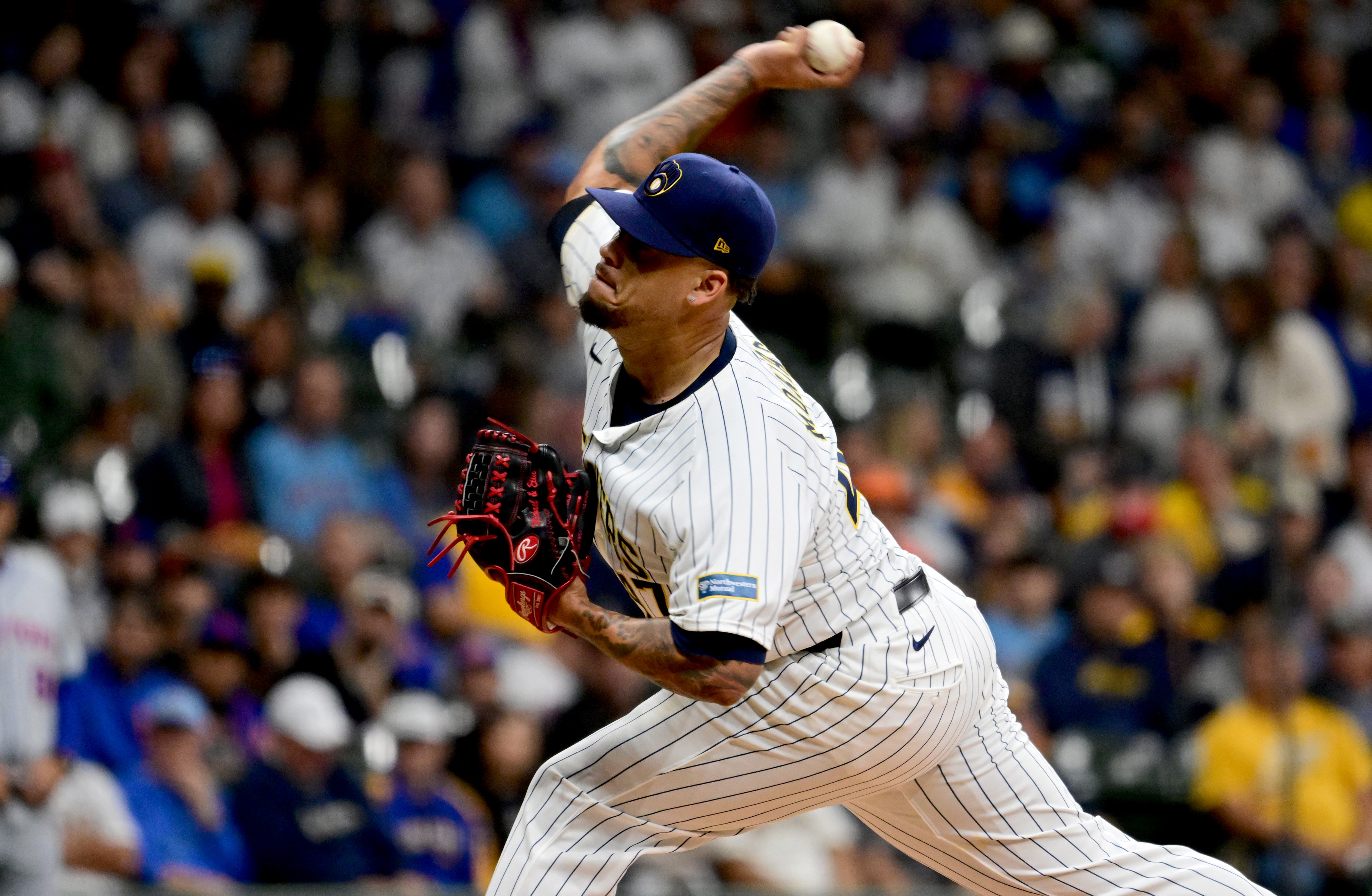 Oct 2, 2024; Milwaukee, Wisconsin, USA; Milwaukee Brewers pitcher Frankie Montas (47) throws during the first inning in game two of the Wildcard round for the 2024 MLB Playoffs at American Family Field. Mandatory Credit: Benny Sieu-Imagn Images