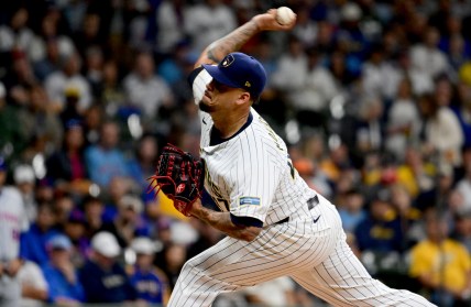 Oct 2, 2024; Milwaukee, Wisconsin, USA; Milwaukee Brewers pitcher Frankie Montas (47) throws during the first inning in game two of the Wildcard round for the 2024 MLB Playoffs at American Family Field. Mandatory Credit: Benny Sieu-Imagn Images