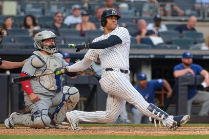 Aug 4, 2024; Bronx, New York, USA; New York Yankees right fielder Juan Soto (22) double during the eighth inning against the Toronto Blue Jays at Yankee Stadium. Mandatory Credit: Vincent Carchietta-Imagn Images