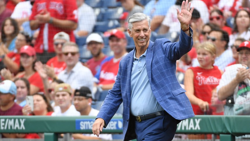 Aug 18, 2024; Philadelphia, Pennsylvania, USA; Former Philadelphia Phillies president Dave Dombrowski during Phillies Alumni Weekend and the 20th anniversary of Citizens Bank Park before game against the Washington Nationals at Citizens Bank Park. Mandatory Credit: Eric Hartline-Imagn Images