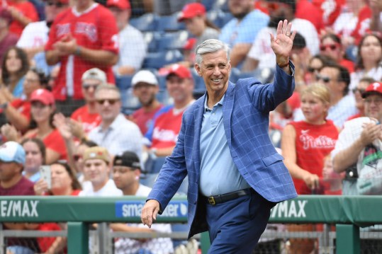 Aug 18, 2024; Philadelphia, Pennsylvania, USA; Former Philadelphia Phillies president Dave Dombrowski during Phillies Alumni Weekend and the 20th anniversary of Citizens Bank Park before game against the Washington Nationals at Citizens Bank Park. Mandatory Credit: Eric Hartline-Imagn Images