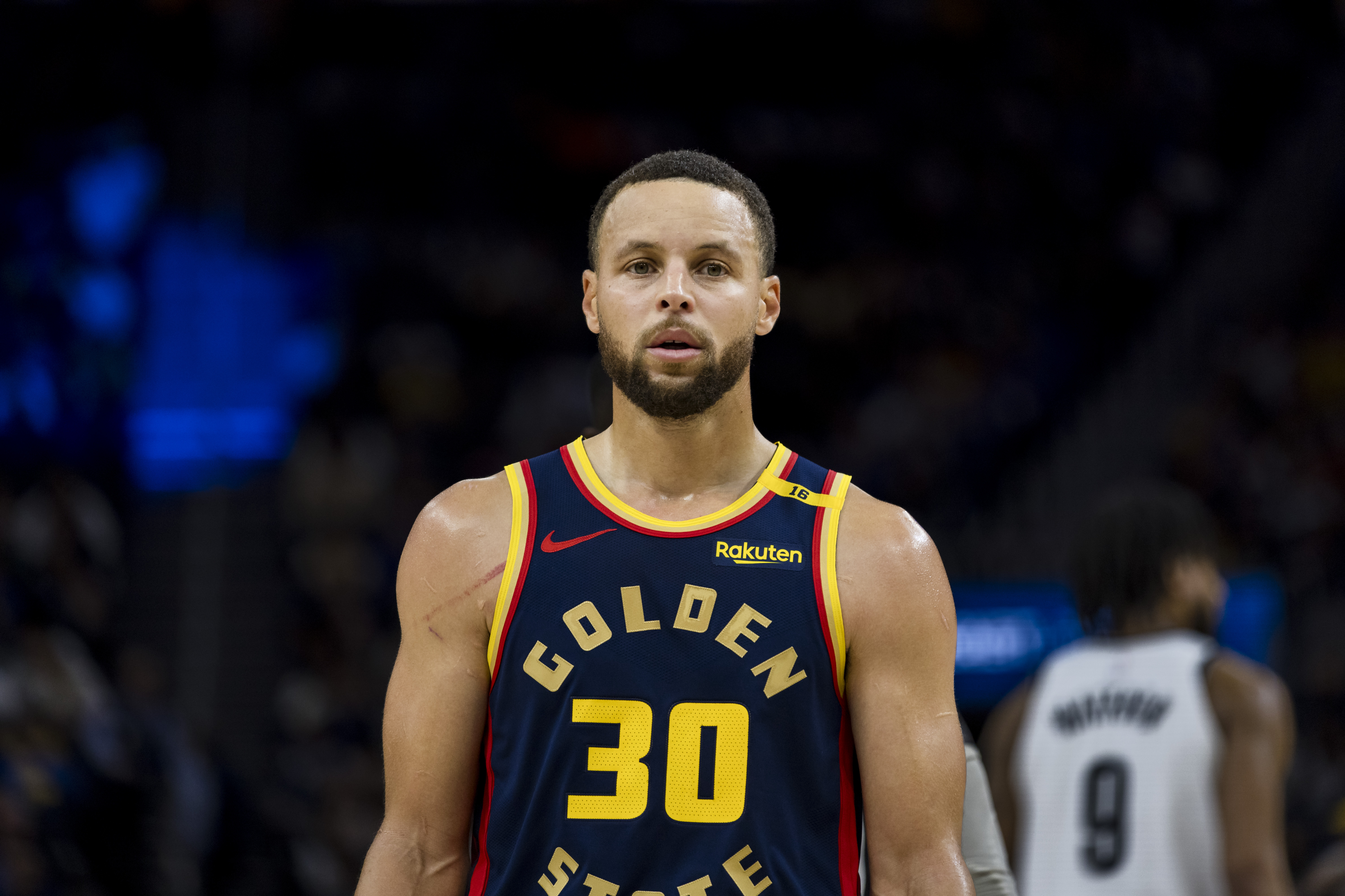 Nov 25, 2024; San Francisco, California, USA; Golden State Warriors guard Stephen Curry (30) nearing the end of the second half of the game against the Brooklyn Nets at Chase Center. Mandatory Credit: John Hefti-Imagn Images