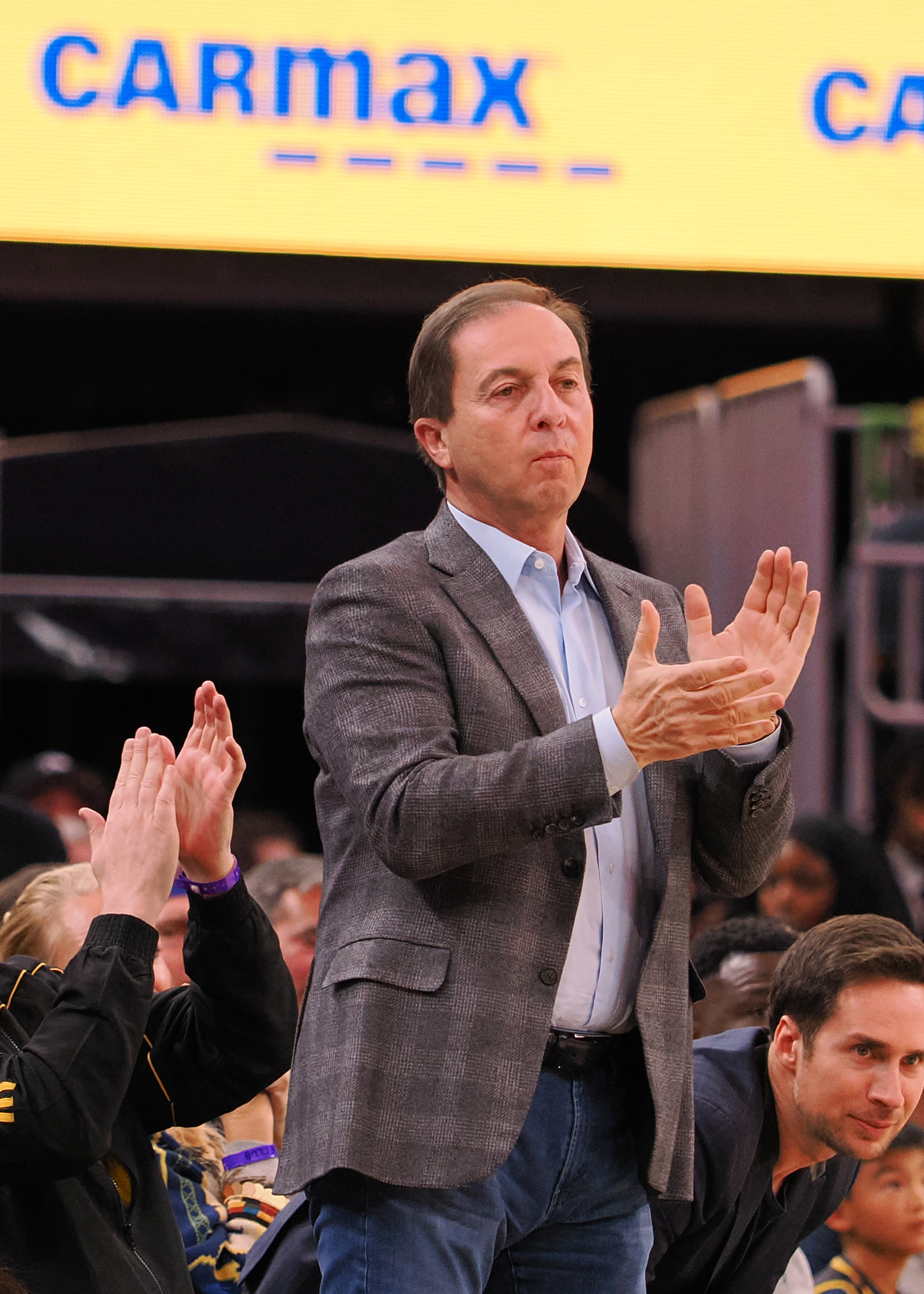 Mar 7, 2024; San Francisco, California, USA; Golden State Warriors majority owner Joe Lacob claps on the sideline during the fourth quarter against the Chicago Bulls at Chase Center. Mandatory Credit: Kelley L Cox-Imagn Images