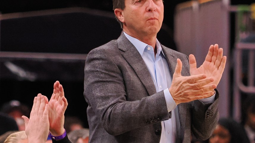 Mar 7, 2024; San Francisco, California, USA; Golden State Warriors majority owner Joe Lacob claps on the sideline during the fourth quarter against the Chicago Bulls at Chase Center. Mandatory Credit: Kelley L Cox-Imagn Images