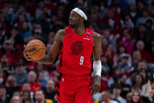 Oct 23, 2024; Portland, Oregon, USA;  Portland Trailblazers shooting forward Jerami Grant (9) dribbles the ball against the Golden State Warriors at Moda Center. Mandatory Credit: Stephen Brashear-Imagn Images