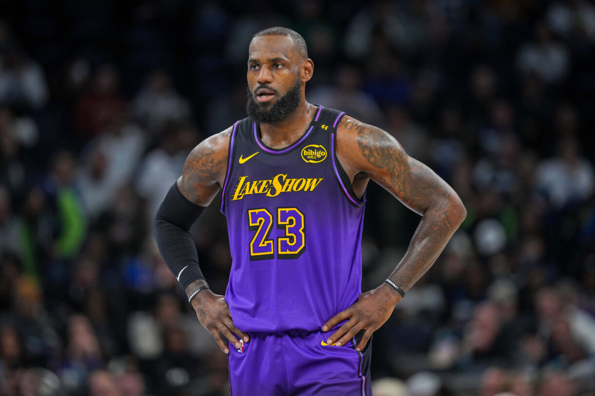 Dec 2, 2024; Minneapolis, Minnesota, USA; Los Angeles Lakers forward LeBron James (23) against the Minnesota Timberwolves in the first quarter at Target Center. Mandatory Credit: Brad Rempel-Imagn Images