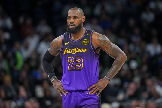 Dec 2, 2024; Minneapolis, Minnesota, USA; Los Angeles Lakers forward LeBron James (23) against the Minnesota Timberwolves in the first quarter at Target Center. Mandatory Credit: Brad Rempel-Imagn Images