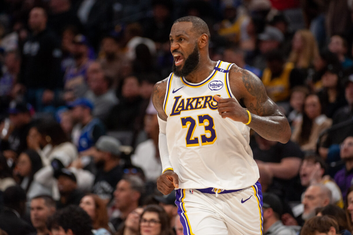 Dec 21, 2024; Sacramento, California, USA; Los Angeles Lakers forward LeBron James (23) calls out to his team mates during the fourth quarter of the game against the Sacramento Kings at Golden 1 Center. Mandatory Credit: Ed Szczepanski-Imagn Images