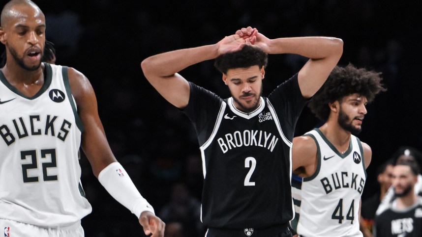 Dec 8, 2024; Brooklyn, New York, USA; Brooklyn Nets forward Cameron Johnson (2) reacts during the second half against the Milwaukee Bucks at Barclays Center. Mandatory Credit: John Jones-Imagn Images