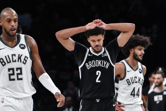 Dec 8, 2024; Brooklyn, New York, USA; Brooklyn Nets forward Cameron Johnson (2) reacts during the second half against the Milwaukee Bucks at Barclays Center. Mandatory Credit: John Jones-Imagn Images