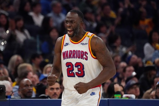 Dec 8, 2024; San Francisco, California, USA; Golden State Warriors forward Draymond Green (23) celebrates against the Minnesota Timberwolves in the fourth period at Chase Center. Mandatory Credit: David Gonzales-Imagn Images