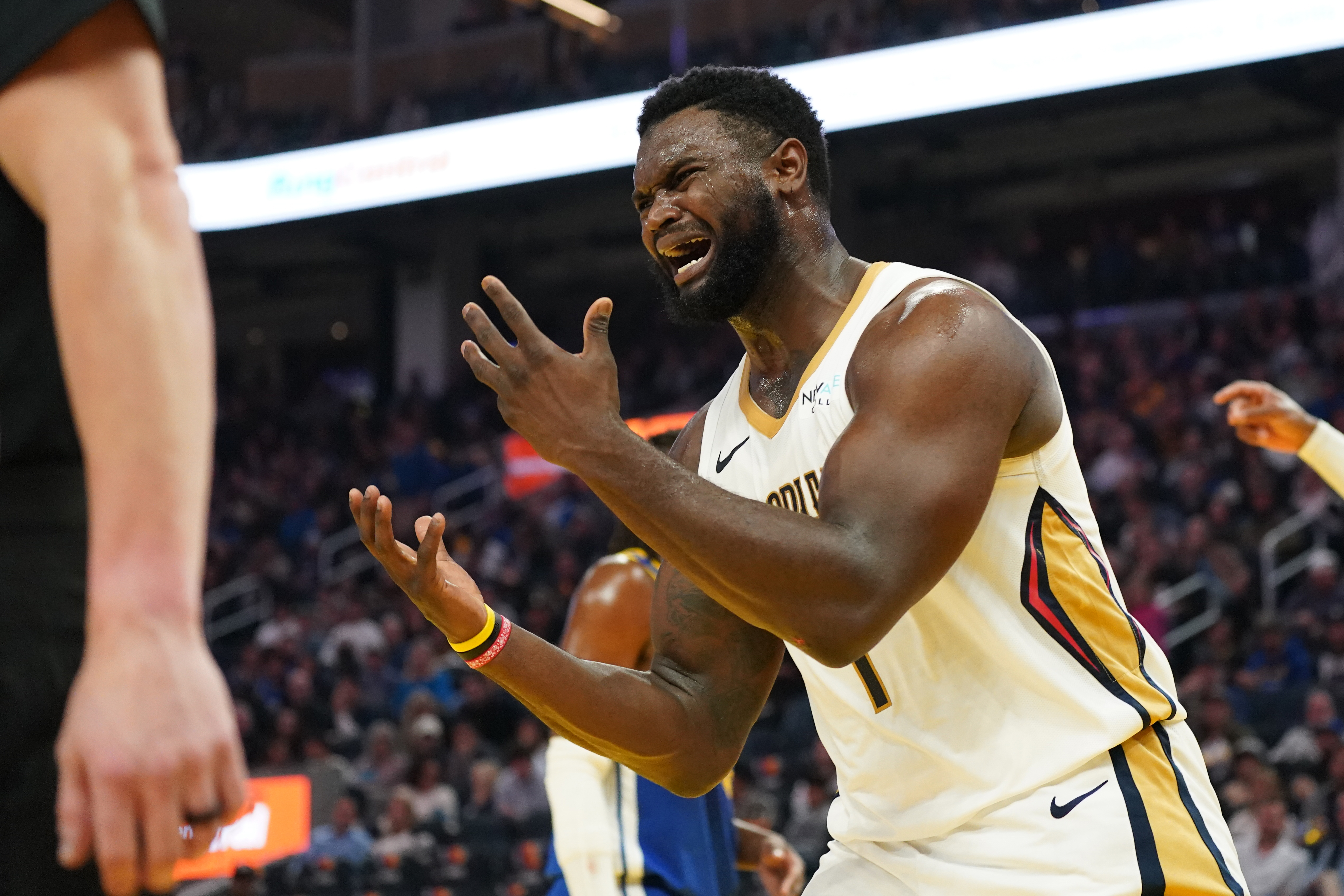 Oct 30, 2024; San Francisco, California, USA; New Orleans Pelicans forward Zion Williamson (1) reacts to to a play during the second quarter against the Golden State Warriors at Chase Center. Mandatory Credit: David Gonzales-Imagn Images