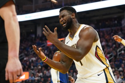 Oct 30, 2024; San Francisco, California, USA; New Orleans Pelicans forward Zion Williamson (1) reacts to to a play during the second quarter against the Golden State Warriors at Chase Center. Mandatory Credit: David Gonzales-Imagn Images